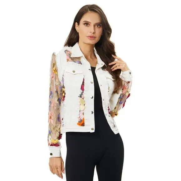 White Denim Jacket with Floral Embroidery - Picture 4 of 6